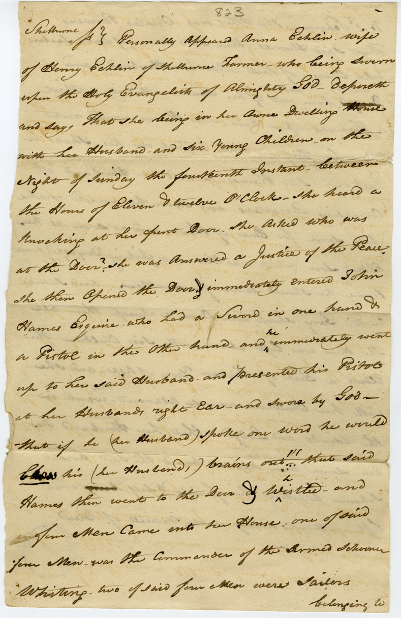 Incomplete copy of deposition of Anna Echlin as to the treatment her husband received at the hands of the officers of the <i>Whiting</i> and John Hames.