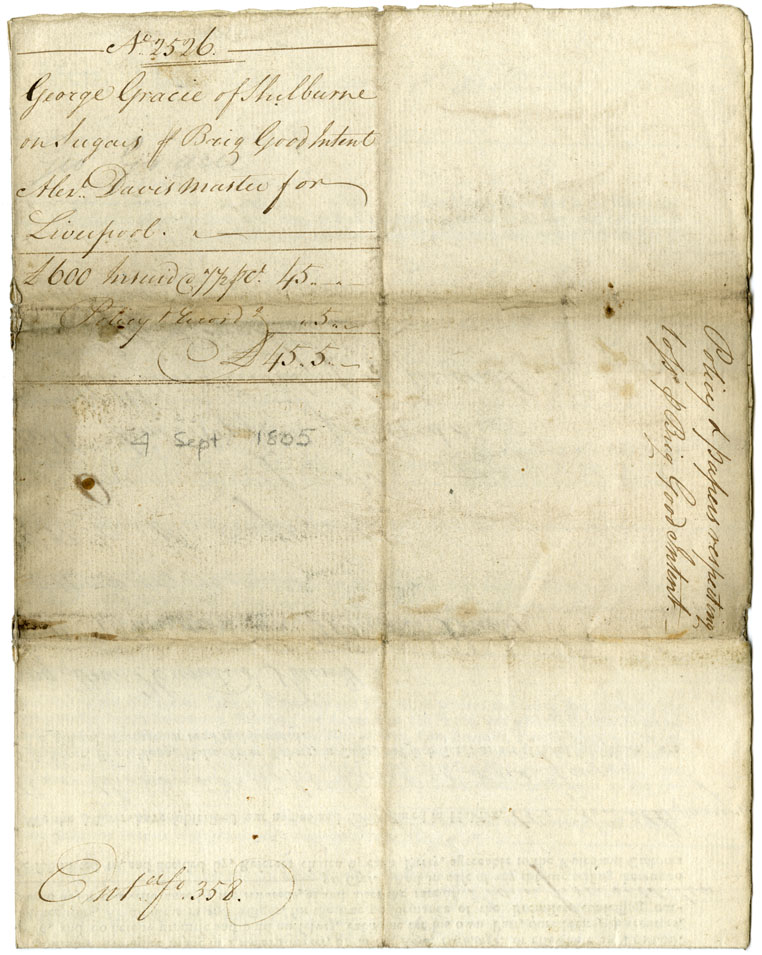 white : Insurance policy for sugar laden on the brig Good Intent</i>, taken out by Geo. Gracie, merchant, signed by nine subscribers and showing the
