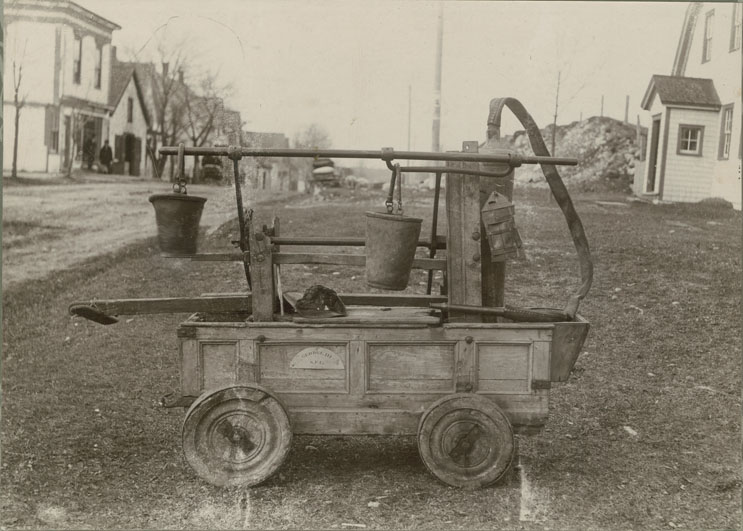 white : Old hand fire-engine presented by King George III to the town of Shelburne, Nova Scotia, in 1787